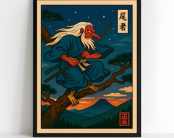 Impression d'art mural japonais Tengu, affiche Yokai Style Ukiyo-e vintage, décoration créature mythique asiatique, téléchargement numérique Japandi Zen