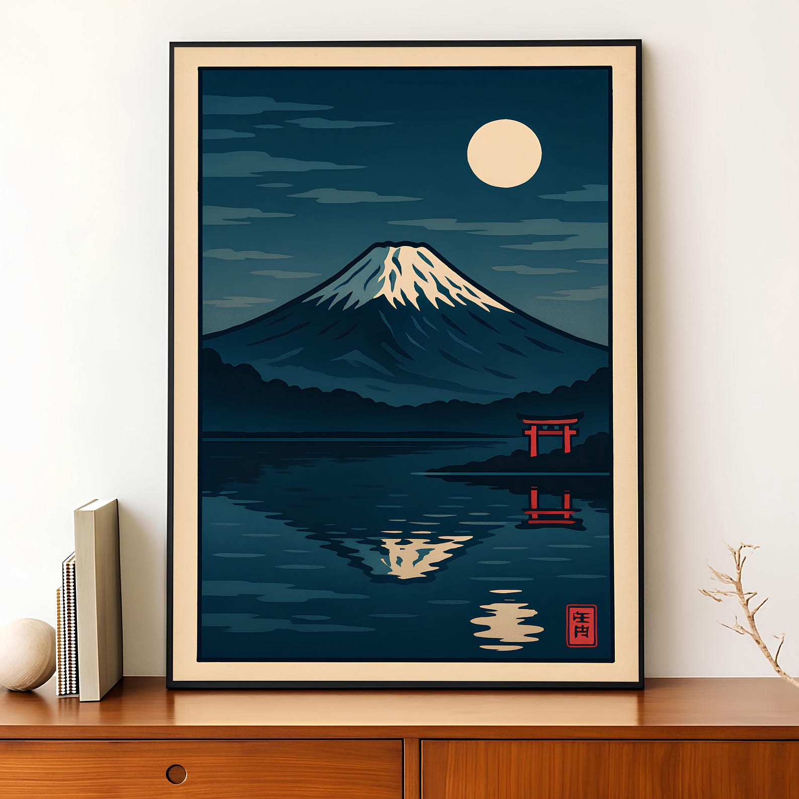 Mt Fuji Night Poster Japanese Landscape Wall Art Moonlit Torii ...