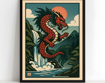 Red Dragon Ukiyo-e kunst aan de muur, Japanse mythische waterval scène afdrukbare poster, Japandi Zen Home decor, instant digitale download