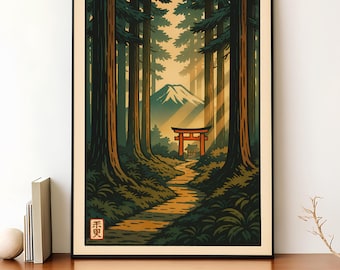 Monte Fuji, Giappone, Foresta, Arte murale, Porta Torii, Percorso, Poster vintage, Natura, Stampa di viaggio giapponese, Decorazione spirituale Zen, Download digitale di opere d'arte