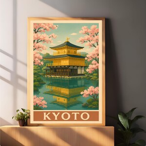Kyoto Cherry Blossom Travel Poster – Vintage Japanese Temple Wall Art with Kinkaku-ji Reflection – Japandi Decor Printable Download
