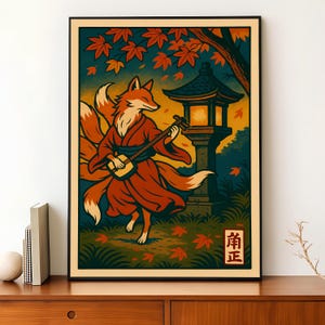 Kitsune Japanese Wall Art, Vintage Ukiyo-e Fox Spirit Printable, Mythical Creature Poster, Japandi Zen Decor, Digital Download