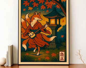 Kitsune Japanese Wall Art, Vintage Ukiyo-e Fox Spirit Printable, Mythical Creature Poster, Japandi Zen Decor, Digital Download