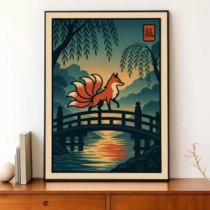 Japanese Fox Spirit Wall Art, Kitsune Bridge Scene Printable, Vintage Ukiyo-e Inspired Poster, Japandi Zen Decor, Digital Download