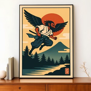 Tengu Warrior Japanese Wall Art Printable, Mythical Bird Spirit Ukiyo-e Style Poster, Japandi Zen Decor, Digital Download for Home