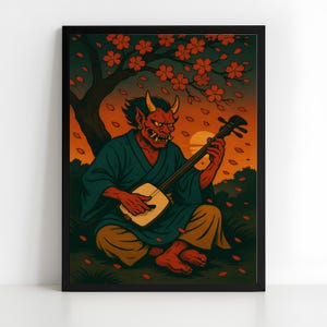 Japanese Oni Playing Shamisen Art Print Vintage Japanese Folklore Wall Art Mythical Yokai Poster Cherry Blossom Decor Digital Download