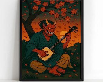 Japanische Oni spielt Shamisen Kunstdruck Vintage japanische Folklore Wandkunst Mythisches Yokai Poster Kirschblüte Dekor Digital Download