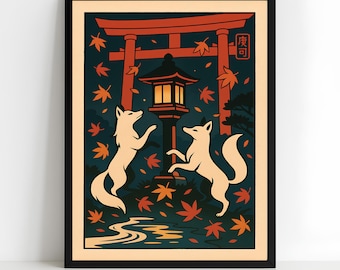Kitsune Shrine Art Print, Japanse mythische vos, Torii herfstbladeren nachtscène | Vintage digitale download | Japandi-muurdecoratie afdrukbaar