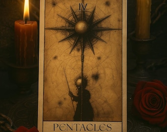 Op de afbeelding: Een tarotkaart met het woord "PENTACLES" onderaan, met een centraal sterrenpatroon en een figuur die een staf vasthoudt. Twee brandende kaarsen en twee rode rozen flankeren de kaart, tegen een donkere, getextureerde achtergrond.