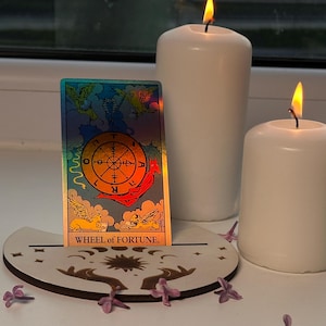 Porta-cartas de tarô de madeira estilo Boho – Suporte de exibição em formato de lua crescente para cartas de tarô, oráculo, afirmação ou arte | Decoração de altar espiritual