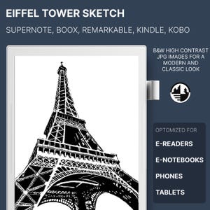 May include: Black and white line art sketch of the Eiffel Tower. The image is optimized for e-readers, e-notebooks, phones, and tablets.