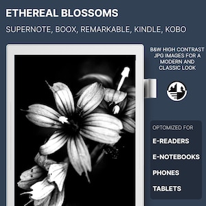 May include: Black and white photograph of delicate blossoms with a high contrast look, optimized for e-readers, e-notebooks, phones, and tablets.