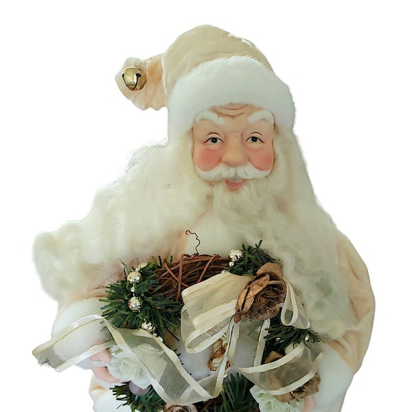 Seated Santa Claus in Winter White Clothing with Faux Fur Trim and Wreath Vintage Christmas Xmas Fireplace Mantel or Shelf Decor