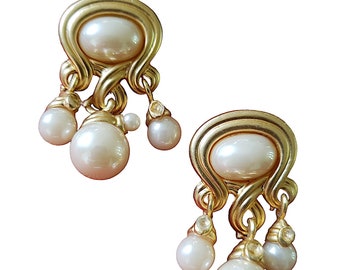 Gold Tone and Faux Pearl Dangle Earrings for Pierced Ears Post Back
