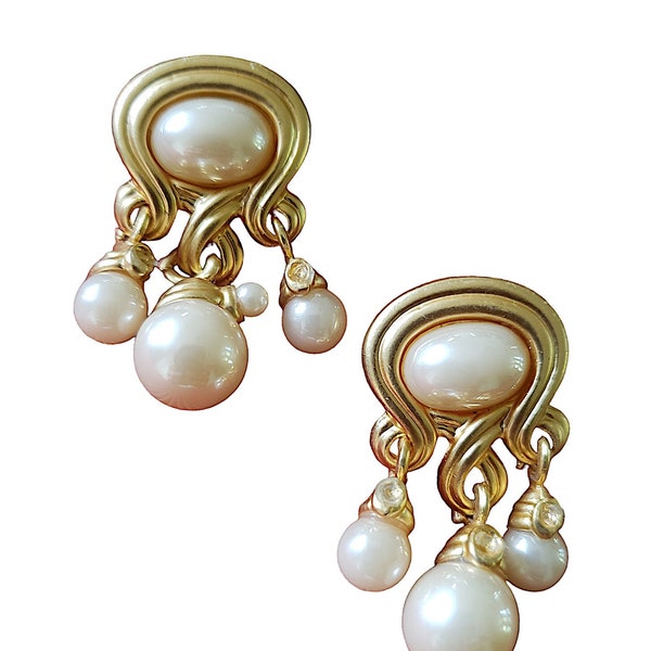 Gold Tone and Faux Pearl Dangle Earrings for Pierced Ears Post Back