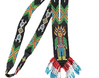 Colorful Woven Bead Necklace with Fringe Native American Motif Gender Neutral Jewelry