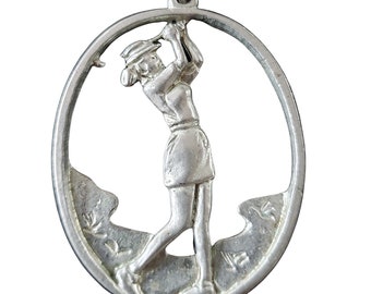 Silver Woman Golfer Pendant Oval Shape