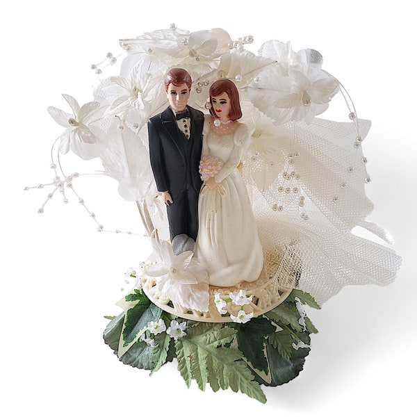 Vintage Wedding Cake Topper with Bride and Groom Plastic Base and Flowers