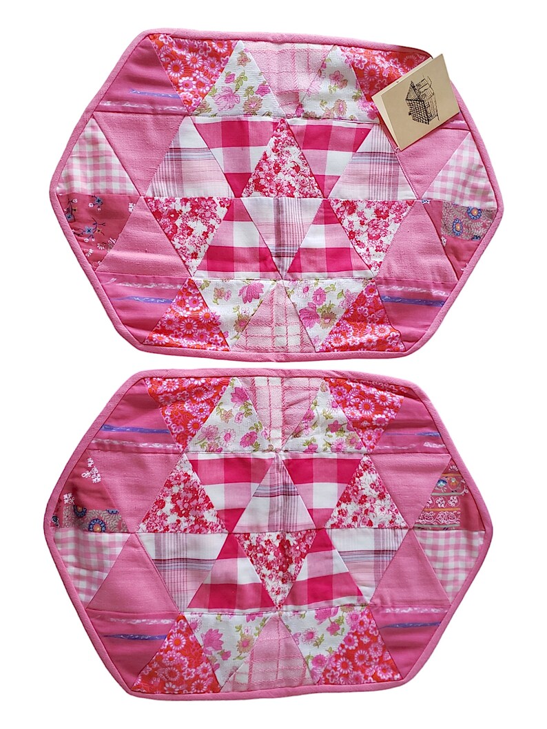 Set of Two Cloth Placemats with Original Tags Pink White Patchwork Spring Decor Deadstock Handmade in Stehekin Washington image 2