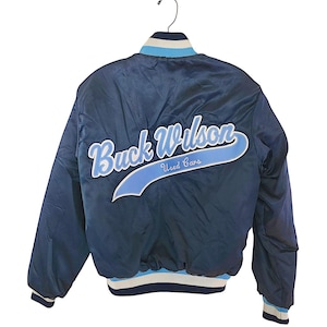 Vintage Navy Blue Used Car Sales Satin Bomber Jacket with Snap Front