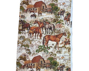 Cotton Canvas Horse and Stable Print Fabric Remnant 1978