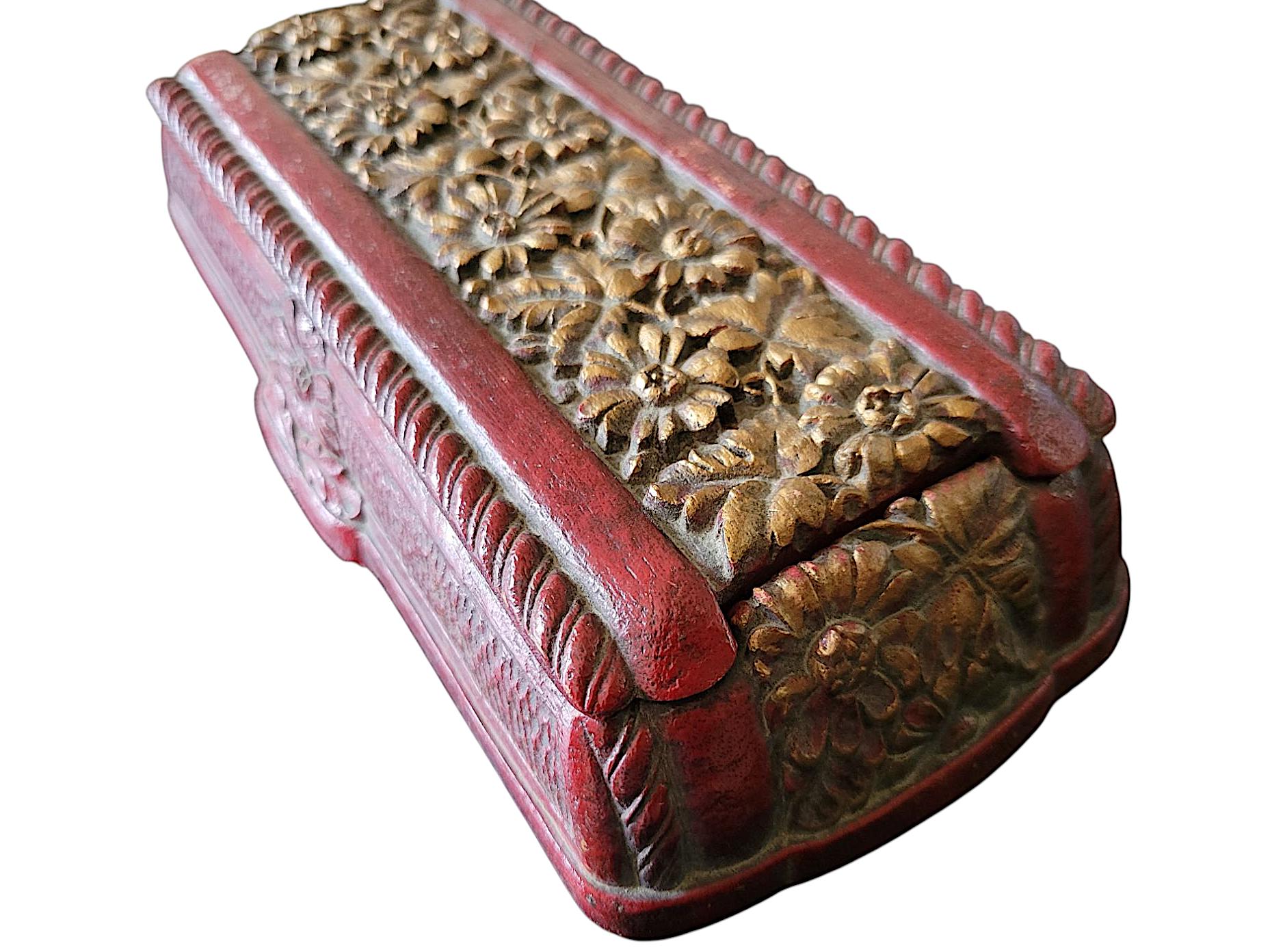 Carved Red and Gold Syroco Wood Jewelry Trinket Box with Lid 2 Compartments Mid Century Bedroom Shelf Table Decor Floral Design