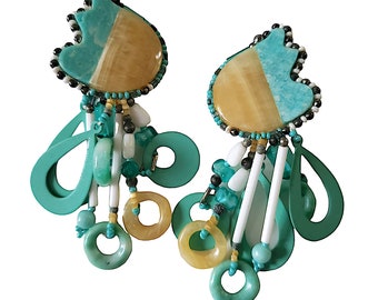 Chipita Dangle Clip On Earrings Turquoise Blue Beige Stone Beaded Edge Beachy Summer