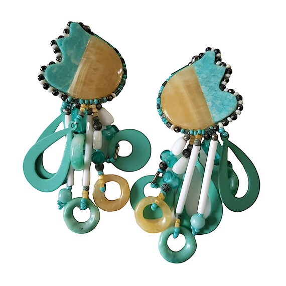 Chipita Dangle Clip On Earrings Turquoise Blue Be… - image 1