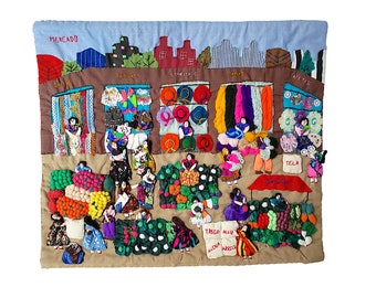 Peruvian Arpillera with Mercado Market 1990s Vintage South American Tapestry Textile Folk Art