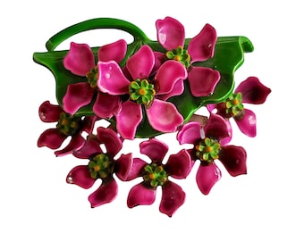 Bright Pink and Green Flower Brooch Spring Jewelry