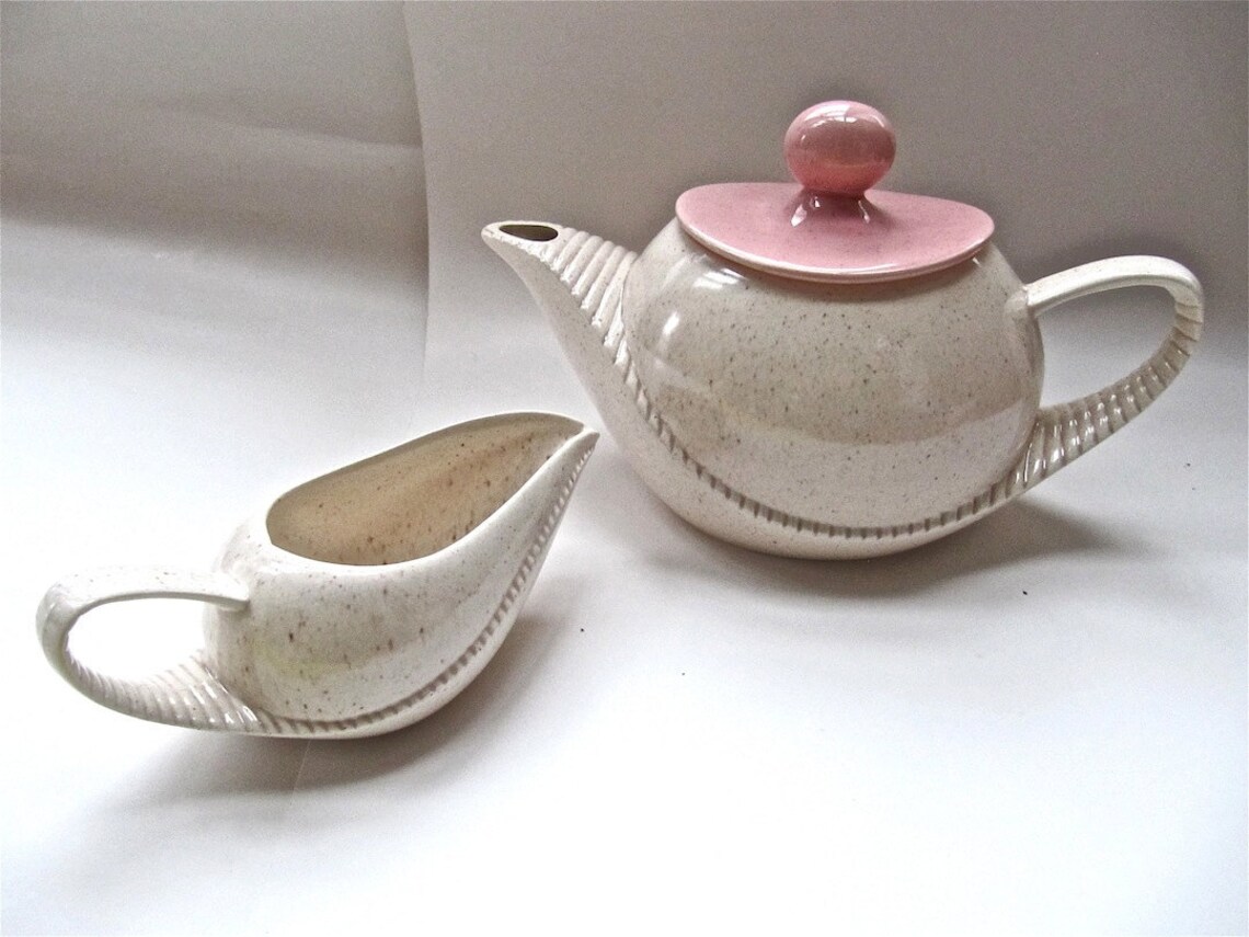 Pink and White Speckled Teapot Cream Pitcher Sugar Bowl Set Etsy