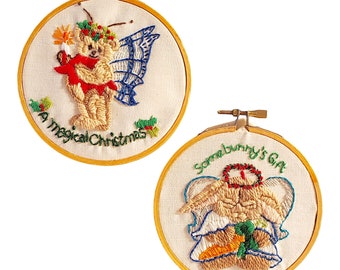 Set of Two Round Embroidered Crewel Work Christmas Bunny Angel and Bear Ornaments Decor