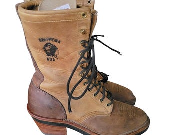 Brown and Tan Leather Lace Up Chippewa Boots Made in US Women&#39;s Size 7M Vibram Sole