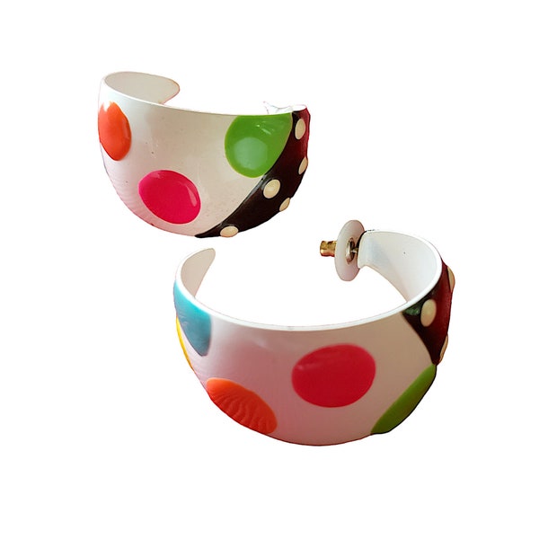 Big Colorful Metal and Enamel Post Back Hoop Statement Earrings Polka Dots Mod Design 80s