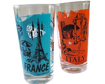 Pair of Pan Am Glasses Tumblers France Italy Vintage Airline Advertising