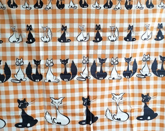 Atomic Cats on Gingham Check Print Fabric Mid Century Design Rare Pattern 36" x 80"