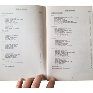 May include: An open cookbook showing two pages of a Table of Contents. The left page lists appetizers, beef, chicken, ham, lamb, and veal dishes. The right page lists fish, vegetables, breads, desserts, and menu suggestions with corresponding page numbers.