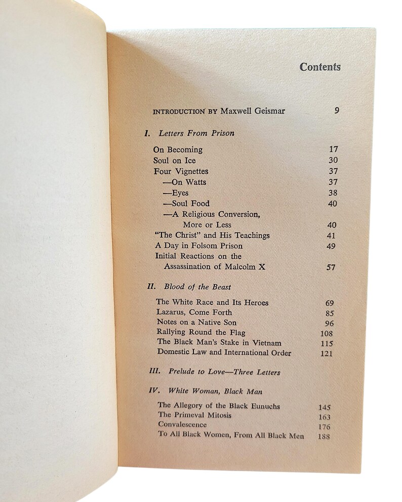 May include: Open book displaying a table of contents. The text includes "Letters From Prison," "Blood of the Beast," and "White Woman, Black Man." The page is off-white with black text. The book is open to the contents page.
