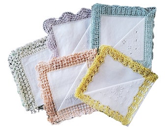 Set of 6 Lace Edge Handkerchiefs in Original Box Different Colors Never Used