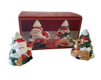 Rudolph the Red Nosed Reindeer and Santa Salt and Pepper Shakers by Lenox in Original Box 2002