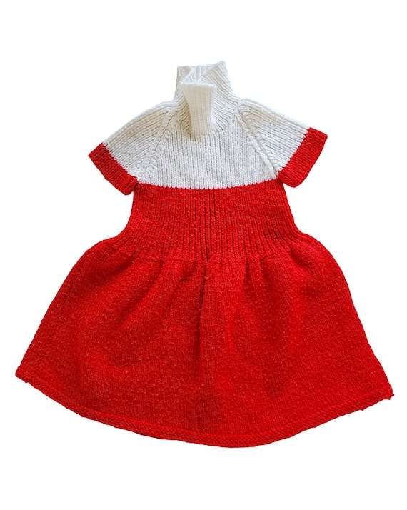Red and White Handmade Knitted Sweater Dress for T