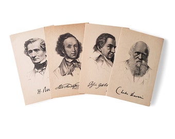 Lot of 4 Vintage Stengel Postcards Divided Back Famous Men Charles Darwin Felix Mendolssohn Hector Berlioz Never Used Historical Figures