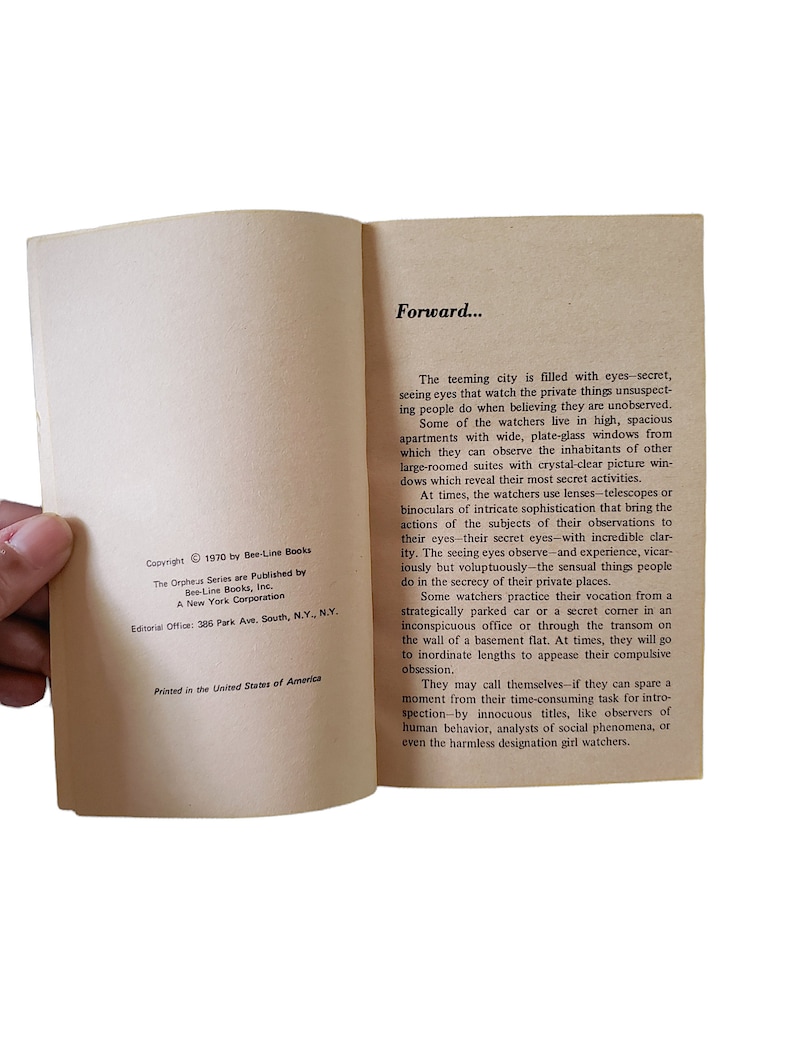 May include: An open book with text on aged paper. The left page shows copyright information from 1970 by Bee-Line Books, Inc. The right page begins with the word "Forward..." and continues with descriptive text about observing others.