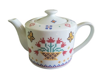 Sheffield Heirloom Sampler Teapot 1982 Cross Stitch Pattern Multicolor Flowers Birds Hearts