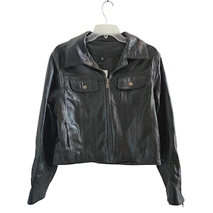 May include: A black jacket with a glossy finish, featuring a full-length front zip, a pointed collar, and two chest pockets with button fastenings. The garment has long sleeves with zipped cuffs and vertical seam detailing across the front.