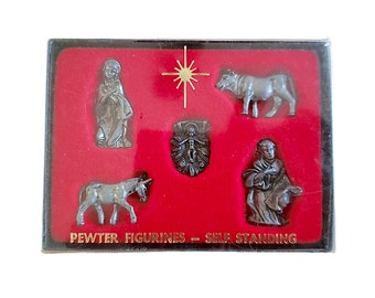 Miniature Pewter Nativity Set Figurines Set in Original Box Vintage Christmas Xmas Decor