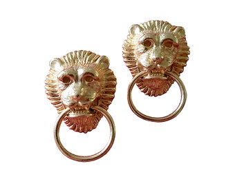 David Hill Gold Tone Lion Doorknocker Post Back Earrings Signed DNH