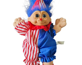 Russ Berrie Clown Bo-bo Doll Wee Troll Kidz Toy 1990s Red White Striped Costume Blue Hair
