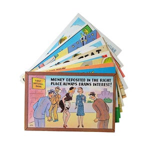 Cartes postales inutilisées de bande dessinée drôle du milieu du siècle, finition lin, humour sexiste, souvenir éphémères, lot de 10 couleurs vives