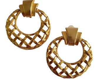 Big Chunky Basket Weave Gold Tone Clip On Earrings Unsigned